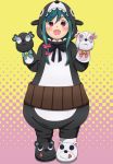  1girl :d alternate_hair_color animal_costume animal_ears animal_hood animal_slippers bear_costume bear_ears bear_hood bear_slippers bow commentary_request cosplay eyebrows_visible_through_hair flower full_body green_bow green_hair hair_flower hair_ornament hand_puppet hands_up happy highres hitori_bocchi hitoribocchi_no_marumaru_seikatsu hood hood_up jougenmushi kigurumi kuma_kuma_kuma_bear long_hair looking_at_viewer open_mouth pink_bow pink_flower puppet purple_background shiny shiny_hair slippers smile solo standing two-tone_background yellow_background yuna_(kuma_kuma_kuma_bear) yuna_(kuma_kuma_kuma_bear)_(cosplay) 