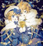  1boy 1girl angel_wings bell beret black_background blonde_hair blue_bow blue_dress blue_eyes bow capelet chi_ya christmas_lights dress fur-trimmed_capelet fur-trimmed_shorts fur_trim gold_trim hair_bow hair_ornament hairclip halo hat highres holding holding_bell kagamine_len kagamine_rin musical_note_hair_ornament open_mouth short_hair shorts snowflake_ornament snowing spiked_hair tabard vocaloid white_capelet white_headwear wings yuki_len yuki_rin 