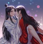  2boys artist_name black_hair chinese_clothes choker eye_contact eyepatch heavenlove long_hair looking_at_another male_focus multiple_boys red_eyes simple_background sitting tian_guan_ci_fu white_choker wide_sleeves yaoi 
