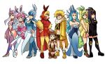 2boys 6+girls abs absurdly_long_hair animal_ears black_dress black_hair blonde_hair blue_dress blue_hair boots breasts brown_hair cleavage collarbone commentary dress eevee english_commentary espeon flareon full_body fur_coat fur_trim gen_1_pokemon gen_2_pokemon gen_4_pokemon gen_6_pokemon glaceon hair_ornament hair_ribbon hands_on_hips high_heels jacket jolteon leafeon long_hair multiple_boys multiple_girls navel one_eye_closed personification pink_hair pokemon purple_hair red_dress ribbon shoes short_hair standing sylveon thighhighs tina_fate umbreon v vaporeon very_long_hair vest 