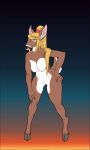 3:5 abstract_background accessory anthro blonde_hair breasts capreoline cervid cervine fahnthegoat featureless_breasts featureless_crotch female hair hair_accessory hair_tie hi_res hooves inner_ear_fluff long_hair mammal navel nude ponytail solo tuft white-tailed_deer 