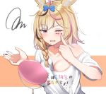  1girl animal_ears applying_makeup blonde_hair bow braid breasts cleavage fox_ears h3po4_chiba hair_bow highres hololive mirror omaru_polka one_eye_closed purple_eyes shirt virtual_youtuber white_shirt 