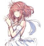  1girl blush breasts cat_with_a_brush center_opening chest_jewel cleavage dress earrings flower hands_up jewelry large_breasts looking_at_viewer medium_breasts pyra_(xenoblade) red_eyes red_hair ring short_hair smile thighs upper_body white_dress xenoblade_chronicles_(series) xenoblade_chronicles_2 