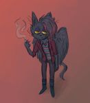  anthro bangs black_body black_fur black_wings bombay_cat domestic_cat fangs felid feline felis fur hi_res highlights_(coloring) hybrid male mammal onyx_(saintsupervoid) painted_claws saintsupervoid smoking solo standing winged_cat wings 