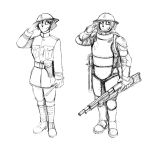  1:1 anthro armor baton canid canine canis clothing domestic_dog female gesture gun headgear helmet hi_res hladilnik mammal military_uniform monochrome ranged_weapon salute samantha_thott shotgun sketch solo spacesuit uniform weapon 