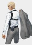  1boy amuro_tooru arm_at_side ass bangs belt blonde_hair clenched_hand closed_mouth collared_shirt commentary_request cropped_legs cuffs dark_skin dark_skinned_male facing_away from_behind grey_background grey_jacket grey_pants handcuffs holding holding_clothes holding_jacket indesign jacket jacket_removed long_sleeves male_focus meitantei_conan pants shirt shirt_tucked_in short_hair signature simple_background solo standing white_shirt 