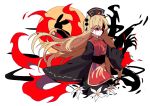  1girl blonde_hair blood bunny chinese_clothes claws closed_mouth flower gla glowing glowing_eyes hat highres junko_(touhou) lily_(flower) long_hair long_sleeves moon multiple_tails pom_pom_(clothes) red_eyes silhouette solo split_theme tabard tail tears touhou very_long_hair white_flower wide_sleeves 