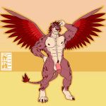  1:1 abs anthro balls brown_eyes claws cruz_(elena_of_avalor) disney elena_of_avalor feathers felid flaccid fur genitals hi_res humanoid_genitalia humanoid_penis jaquin male mammal muscular muscular_anthro muscular_male nipples penis pose red_body red_feathers smile solo spots spotted_body spotted_fur travis_(artist) wings 