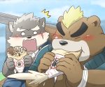  2020 anthro ashigara blush bottomwear brown_body brown_fur canid canine canis clothing domestic_dog duo eating food fur hi_res hon55728 humanoid_hands kemono male mammal moritaka outside overweight overweight_male pants scar shirt tokyo_afterschool_summoners topwear ursid video_games 