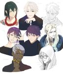  6+boys absurdres beard blonde_hair character_request closed_mouth colored_inner_hair cu_chulainn_(fate)_(all) cu_chulainn_alter_(fate/grand_order) dark_skin dark_skinned_male earrings emiya_alter facial_hair facial_mark fate/grand_order fate_(series) green_eyes green_hair grey_eyes hand_up highres hood hood_up jewelry long_hair looking_at_viewer multicolored_hair multiple_boys portrait purple_eyes purple_hair ring sankomichi short_hair smile tattoo very_dark_skin very_short_hair vlad_iii_(fate/apocrypha) white_hair yellow_eyes 