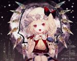  1girl artist_name ascot black_background blonde_hair bow candle crystal cupcake doughnut eating fangs flandre_scarlet food food_on_face frilled_shirt frilled_shirt_collar frilled_sleeves frills hat hat_ribbon laevatein medium_hair mob_cap mochacot moon one_side_up pale_skin pie puffy_short_sleeves puffy_sleeves red_bow red_eyes red_ribbon red_vest ribbon shirt short_sleeves touhou vest white_shirt wings yellow_neckwear 