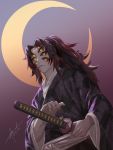  1boy black_hair black_kimono closed_mouth commentary crescent_moon drid extra_eyes facial_mark fingernails gradient gradient_background highres holding holding_sheath honeycomb_(pattern) japanese_clothes katana kimetsu_no_yaiba kimono kokushibou long_hair long_sleeves looking_at_viewer male_focus moon multicolored_hair ponytail reaching red_hair red_sclera scabbard sharp_fingernails sheath sheathed signature solo standing sword two-tone_hair upper_body weapon wide_sleeves yellow_eyes 