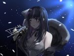  1girl alwaysdoodlin bangs black_coat black_hair blunt_bangs blush breasts choker cleavage coat colored_inner_hair dress fur_collar highres indie_virtual_youtuber looking_to_the_side microphone microphone_stand multicolored_hair purple_eyes purple_hair ririsya solo spot_color white_dress 