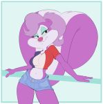  2020 anthro blue_eyeshadow bottomwear clothed clothing eyelashes eyeshadow female fifi_la_fume fur hair makeup mammal mephitid midriff multicolored_body multicolored_fur navel purple_body purple_fur purple_hair saransaran shirt short_hair shorts skunk smile solo tiny_toon_adventures topwear two_tone_body two_tone_fur warner_brothers white_body white_fur 