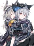  2020 2girls absurdres arknights armband ascot black_jacket chinese_commentary closed_eyes eyebrows_visible_through_hair gloves grani_(arknights) grey_hair hat heart highres hug hug_from_behind jacket knee_up long_hair looking_at_viewer multiple_girls open_mouth red_eyes silver_hair simple_background sitting skadi_(arknights) sketch smile visor visor_lift weibo_username white_background yuri zuo_daoxing 