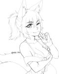  1girl ;) animal_ear_fluff animal_ears arm_under_breasts bangs bare_shoulders blush breasts cleavage closed_mouth collarbone commentary detached_sleeves dress fox_ears fox_girl fox_tail greyscale hair_between_eyes highres large_breasts lineart long_sleeves looking_at_viewer medium_hair monochrome one_eye_closed original ponytail rob_ishi smile solo tail upper_body 