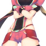  1girl ass_visible_through_thighs breasts cat_with_a_brush close-up commentary_request covered_navel covering covering_breasts fingerless_gloves gloves hands_up hip_focus jewelry large_breasts midriff navel out_of_frame pyra_(xenoblade) short_shorts shorts skindentation stomach stomach_day white_background xenoblade_chronicles_(series) xenoblade_chronicles_2 