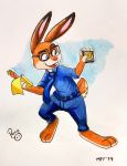  2019 3_toes 4_fingers anthro badge barefoot belt biped blue_background blue_bottomwear blue_clothing blue_eyes blue_necktie blue_pants blue_shirt blue_topwear bottomwear brown_body brown_fur buckteeth carrot clothed clothing colored_pencil_(artwork) detective dipstick_ears disney eyebrows eyewear fan_character fatescanner fingerless_(marking) fingers food full-length_portrait fully_clothed fur glasses holding_object lagomorph leporid long_ears male mammal multicolored_body multicolored_ears multicolored_fur necktie notebook open_mouth pandapaco pants pink_inner_ear pink_nose plant plantigrade police police_badge police_officer portrait rabbit raised_arm raised_eyebrow shirt short_sleeves short_tail signature simple_background solo tan_body tan_fur teeth toes tongue topwear traditional_media_(artwork) two_tone_body two_tone_fur vegetable walking white_background zootopia 