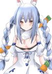  1girl animal_ear_fluff animal_ears bangs black_leotard blue_hair blush bow braid breasts brown_eyes bunny_ears carrot carrot_hair_ornament closed_mouth detached_sleeves don-chan_(usada_pekora) dress eyebrows_behind_hair food_themed_hair_ornament hair_between_eyes hair_bow hair_ornament hayashi_maka highres hololive leotard long_hair looking_at_viewer multicolored_hair puffy_short_sleeves puffy_sleeves short_eyebrows short_sleeves simple_background small_breasts smile strapless strapless_dress strapless_leotard thick_eyebrows twin_braids twintails two-tone_hair usada_pekora very_long_hair virtual_youtuber white_background white_bow white_dress white_hair white_sleeves 
