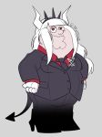  1boy 7fennec7 artist_name bangs black_jacket black_neckwear black_pants black_tail blunt_bangs boots business_suit chin collared_shirt commentary cosplay cup demon_horns demon_tail dress_shirt english_commentary family_guy fat fat_man formal full_body grey_background hands_on_hips helltaker high_heel_boots high_heels horns jacket lapel_pin long_hair long_sleeves lucifer_(helltaker) lucifer_(helltaker)_(cosplay) male_focus mole mole_under_eye necktie neckwear pants peter_griffin red_eyes red_shirt ringed_eyes shirt sidelocks simple_background suit tail twitter_username white_hair 