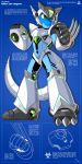  1:2 2020 5_fingers anthro biofreak black_body blue_body blue_scales blueprint claws clenched_teeth dragon euyoshi89 fingers forehead_gem green_body grey_body grey_claws hi_res looking_away male megaman_x metallic_body reploid scales scalie solo standing teeth text unknown_text western_dragon 