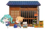  1boy 1girl architecture backpack bag blue_dress box candy chibi child commentary crate dress east_asian_architecture flower food grey_shirt hair_flower hair_ornament hatsune_miku highres kagamine_len long_hair painttool_sai_(medium) pinafore_dress plant potted_plant sama school_uniform shelf shirt shorts sitting teapot tsukimi twintails very_long_hair vocaloid wariza white_background 