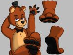  2020 3_toes 4:3 4_fingers anthro barefoot black_nose blue_eyes bow_tie brown_body brown_fur claws clothing crossed_legs fingers five_nights_at_freddy&#039;s foot_focus freddy_(fnaf) fur grey_background half-closed_eyes hat headgear headwear hi_res looking_at_viewer male mammal multicolored_body multicolored_fur narrowed_eyes nude pawpads paws raised_arm sharp_claws simple_background sitting smashcuenta123 smile solo tan_body tan_fur toes top_hat ursid video_games 