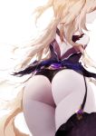  1girl absurdres ass ass_focus bare_shoulders black_legwear blonde_hair bodystocking fischl_(genshin_impact) from_behind from_below garter_straps genshin_impact highres long_hair looking_away maomoking single_thighhigh sketch solo symbol_commentary thighhighs very_long_hair vision_(genshin_impact) white_background wing_tattoo 