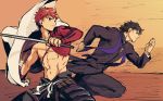  2boys brown_hair cross cross_necklace emiya_shirou fate/grand_order fate_(series) fighting_stance igote jewelry kotomine_kirei limited/zero_over male_focus multiple_boys necklace priest rasputin_(fate/grand_order) red_hair running sengo_muramasa_(fate) shirtless sword tuto_(mokuchin09) weapon 
