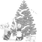  2boys bare_shoulders box christmas_ornaments christmas_tree commentary d_futagosaikyou decorating detached_sleeves from_behind greyscale headphones kagamine_len kagamine_len_(append) kneeling leg_warmers male_focus monochrome multiple_boys multiple_persona sailor_collar shirt short_ponytail short_sleeves shorts sleeveless sleeveless_shirt speech_bubble spiked_hair star_(symbol) sweat vocaloid vocaloid_append white_background 