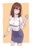  1girl bangs blush breasts brown_hair collared_shirt commentary cowboy_shot glasses highres long_hair looking_to_the_side medium_breasts office_lady original over-rim_eyewear peco_(pockleberry) pencil_skirt red_eyes semi-rimless_eyewear shirt skirt sleeves_rolled_up smile solo tight_shirt white_shirt 