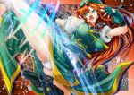  1girl blue_eyes boots braid breasts commentary_request energy feet_out_of_frame fingerless_gloves flying_kick gloves hat hijikawa_arashi hong_meiling kicking large_breasts long_hair open_mouth panties pantyshot partial_commentary rainbow_gradient rainbow_order red_hair ribbon solo spell_card star_(symbol) touhou twin_braids underwear white_panties 