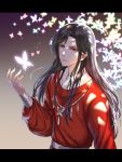  1boy black_hair butterfly_necklace gradient gradient_background grey_background heavenlove hua_cheng looking_at_viewer male_focus pink_eyes red_eyes solo tian_guan_ci_fu upper_body white_butterfly 