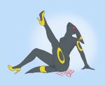  2020 anthro anthrofied black_body black_fur breasts clothing eeveelution female footwear footwear_only foxymcloxy fur hi_res high_heels looking_at_viewer mammal mostly_nude nintendo nipples one_leg_up pok&eacute;mon pok&eacute;mon_(species) raised_leg red_eyes shoes shoes_only sitting solo umbreon video_games 