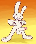  2020 3_toes 4_fingers anthro balls big_balls big_ears big_penis black_eyes dot_eyes erection fingers fur genitals gesture glans gradient_background grin hi_res humanoid_genitalia humanoid_penis lagomorph leporid looking_at_viewer male mammal max_(sam_and_max) orange_background penis pink_glans pink_nose pointing pointing_at_penis rabbit sam_and_max sharp_teeth simple_background smile solo spread_legs spreading standing tan_balls tan_body tan_fur tan_penis teeth toes ultilix yellow_background 