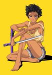  1girl abigail_jones albyee bare_legs barefoot black_hair breasts dark_skin denim denim_shorts elbow_on_knee great_pretender loose_clothes loose_shirt purple_eyes serious shirt short_hair short_shorts shorts sideboob sitting spiked_hair sword tank_top toes wakizashi weapon 