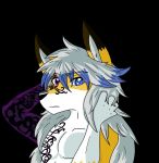  anthro canid canine dark_body dark_skin darkness eyes_blue fox gabu_art hair_down male mammal markings solo 