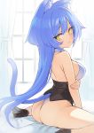  1girl :&lt; animal_ear_fluff animal_ears ass blue_hair breasts cat_ears cat_tail character_request choker commentary copyright_request curtains eyebrows_visible_through_hair facing_away large_breasts leotard long_hair looking_back minoa_(lastswallow) on_bed partially_colored sitting solo strapless strapless_leotard tail very_long_hair wariza window yellow_eyes 