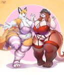  anthro anthro_on_anthro babydoll big_breasts bra breast_squish breasts breasts_frottage canid canine cleavage clothed clothing female female/female fox garter_straps hi_res huge_breasts lingerie mammal nightgown ocaritna panties squish thick_thighs underwear 