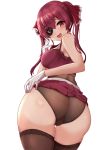  1girl absurdres ascot ass blush breasts brown_legwear crop_top eyepatch gloves hand_on_hip hand_on_own_face hand_up highres hololive houshou_marine kihou_no_gotoku_dmc lace-trimmed_legwear lace_trim large_breasts long_hair looking_at_viewer no_hat no_headwear no_jacket no_panties open_mouth red_eyes red_hair shirt skirt skirt_lift sleeveless sleeveless_shirt smile solo stenciled_rose thick_thighs thighhighs thighs transparent_leotard twintails white_background white_gloves 