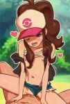  1boy 1girl big_hair black_vest blue_eyes blue_shorts blurry blurry_background blush brown_hair butterchalk character_request cowgirl_position day depth_of_field flat_chest heart hetero highres long_hair looking_at_viewer micro_shorts navel nipples one_eye_closed open_mouth outdoors pokemon ponytail saliva sex shirt_lift shorts straddling strap_slip vaginal vest visor_cap 
