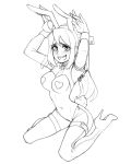  1girl :d absurdres animal_ears bangs blush breasts bunny_ears commentary english_commentary fake_animal_ears hands_up heart_pasties high_heels highres large_breasts lineart long_hair looking_at_viewer marcy_(gingrjoke) meme_attire navel open_mouth original pasties revealing_clothes reverse_bunnysuit reverse_outfit rob_ishi shrug_(clothing) smile solo wrist_cuffs 