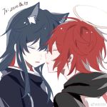  2girls animal_ear_fluff animal_ears arknights black_hair black_jacket chinese_commentary chinese_text closed_eyes extra_ears exusiai_(arknights) eyebrows_visible_through_hair halo hood hood_down imminent_kiss jacket long_hair multiple_girls open_mouth portrait red_hair short_hair simple_background texas_(arknights) weibo_username white_background white_jacket wolf_ears yuri zuo_daoxing 