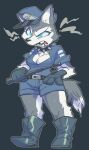  angry anthro baton blue_eyes boots breasts canid canine canis cleavage clothed clothing collar fangs female footwear gloves handwear kaeritai07 mammal solo spiked_collar spikes wolf 