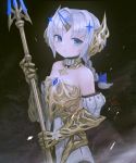  1girl blue_eyes braid braided_ponytail elbow_gloves fantasy flat_chest flower gloves headgear highres holding horns kasagarasu original polearm ponytail single_horn solo sword_world_2.0 trident weapon white_hair 