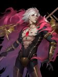  1boy blue_eyes choker closed_mouth collarbone fate/grand_order fate_(series) floating gem gold hair_between_eyes highres holding holding_polearm holding_weapon karna_(fate) male_focus pectorals polearm solo spiked_choker spikes stan. vambraces weapon white_hair 