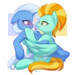  absurd_res blue_body blush bodily_fluids duo equid equine feathers female female/female feral friendship_is_magic green_body green_feathers hasbro hi_res horn lightning_dust_(mlp) mammal marenlicious my_little_pony pegasus sweat trixie_(mlp) unicorn wings 