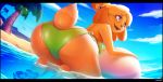  animal_crossing anthro beach bikini breasts canid canine canis catcouch clothed clothing day detailed_background domestic_dog female fingers hi_res isabelle_(animal_crossing) mammal nintendo open_mouth outside purple_eyes sand seaside shoreline sky smile solo swimwear teeth toes tongue video_games water 