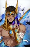  1boy bandaged_arm bandages black_hair blue_eyes cang_fade dark_skin dark_skinned_male egyptian_clothes gem headdress highres league_of_legends magic male_focus nasus nemes nipples shirtless solo upper_body vambraces 