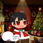  1girl artist_name black_hair blush chibi christmas dress hat padoru pokemon pokemon_(game) pokemon_masters_ex pokemon_oras ponytail red_dress red_eyes richart santa_costume santa_hat short_hair smile zinnia_(pokemon) 